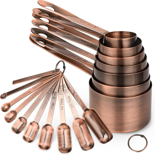 Measuring Cups and Spoons Set, Copper Measuring Cups and Spoons Set 17, Stainless Steel Measuring Cups and Spoons set, Metal 7 Measuring Cups and 9 Measuring Spoons with 1 Leveler for Kitchen