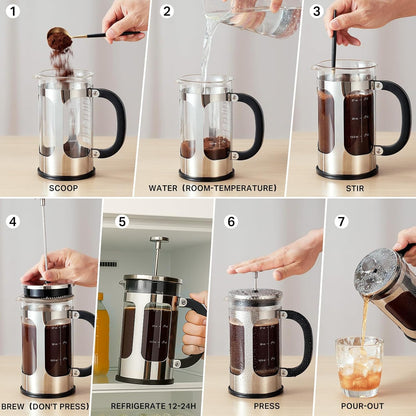BAYKA 34oz French Press Cold Brew Coffee Maker, Heat and Cold Resistant Thickened Borosilicate Glass Stainless Steel Press Percolators, Iced Tea Pot Pitcher for Kitchen Travel Camping,1 Liter,Silver