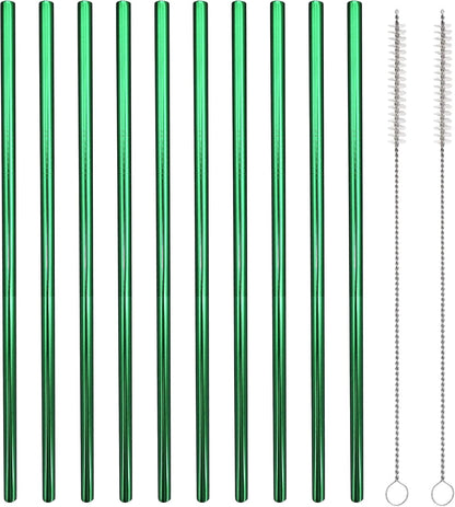 10 Pcs Stainless Steel Straws, Reusable Drinking Straws, Straight Metal Straw Sets with 2 Pcs Cleaning Brushes (8.5 Inch, Green)