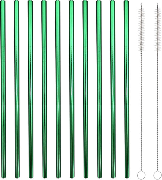 10 Pcs Stainless Steel Straws, Reusable Drinking Straws, Straight Metal Straw Sets with 2 Pcs Cleaning Brushes (8.5 Inch, Green)