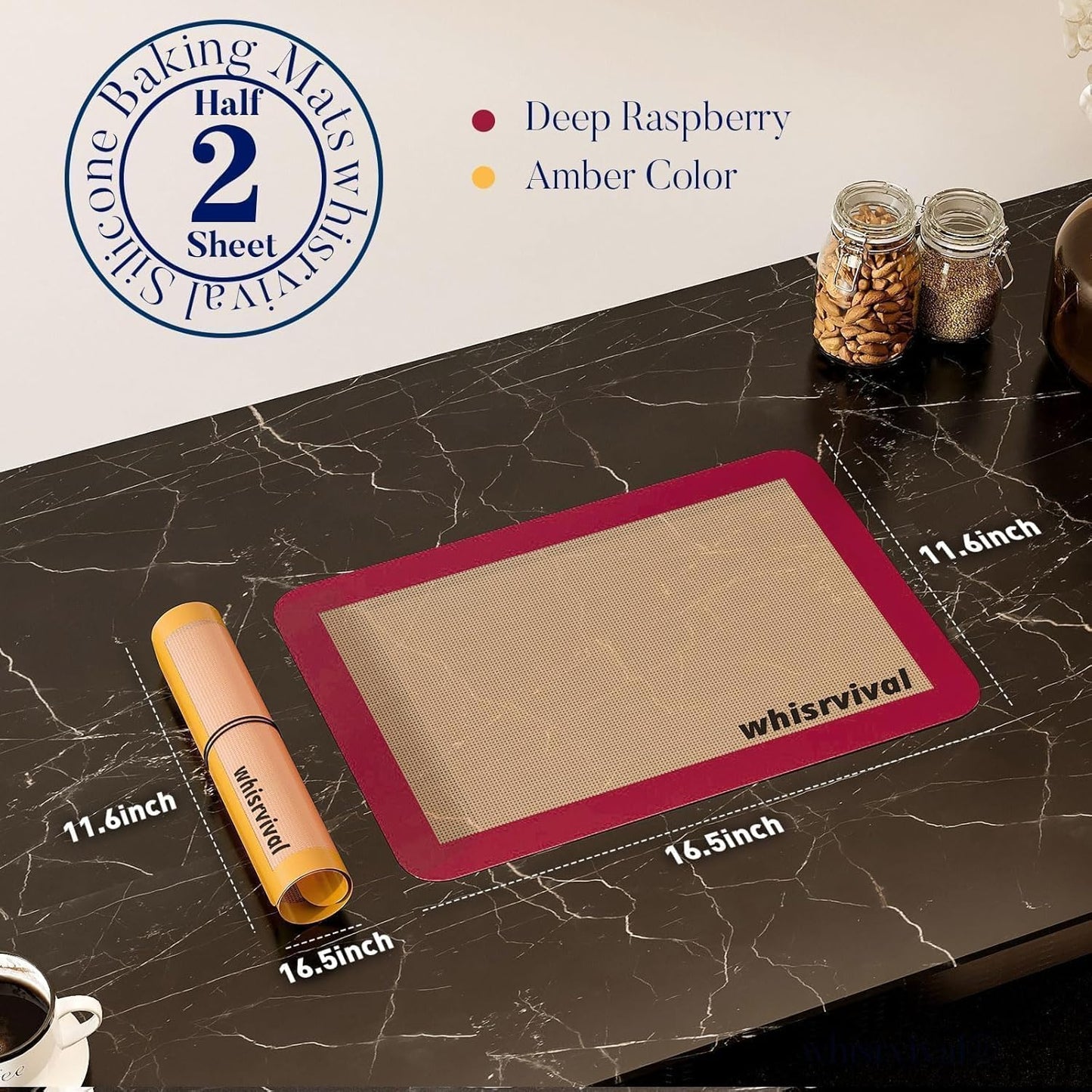 Silicone Baking Mat, 2 colors Half Sheet(16.5"x11.6") Non-Stick Baking Mat, Food Safe Silicone Mats for Baking Cookies, Macarons, Vegetables, 480℉ Heat Resistant (Deep Raspberry & Amber)