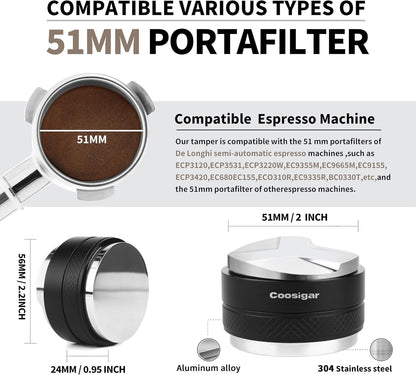 51mm Coffee Distributor and Tamper,Dual Head Coffee Leveler Fits for Delonghi 51mm Portafilter,Professional Espresso Hand Tamper.