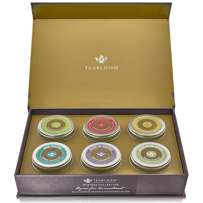 Teabloom Masters Collection - Six Rare Single-Origin Organic Loose Leaf Teas - Milky Oolong, White Silver Needle, Big Red Robe, Golden Monkey, Jade and White Tip Oolong