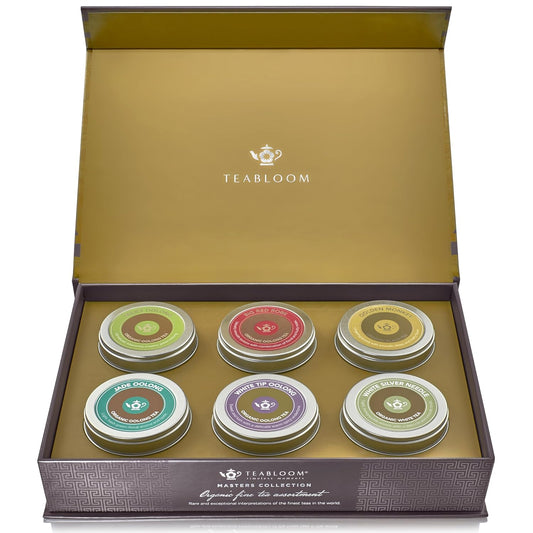 Teabloom Masters Collection - Six Rare Single-Origin Organic Loose Leaf Teas - Milky Oolong, White Silver Needle, Big Red Robe, Golden Monkey, Jade and White Tip Oolong
