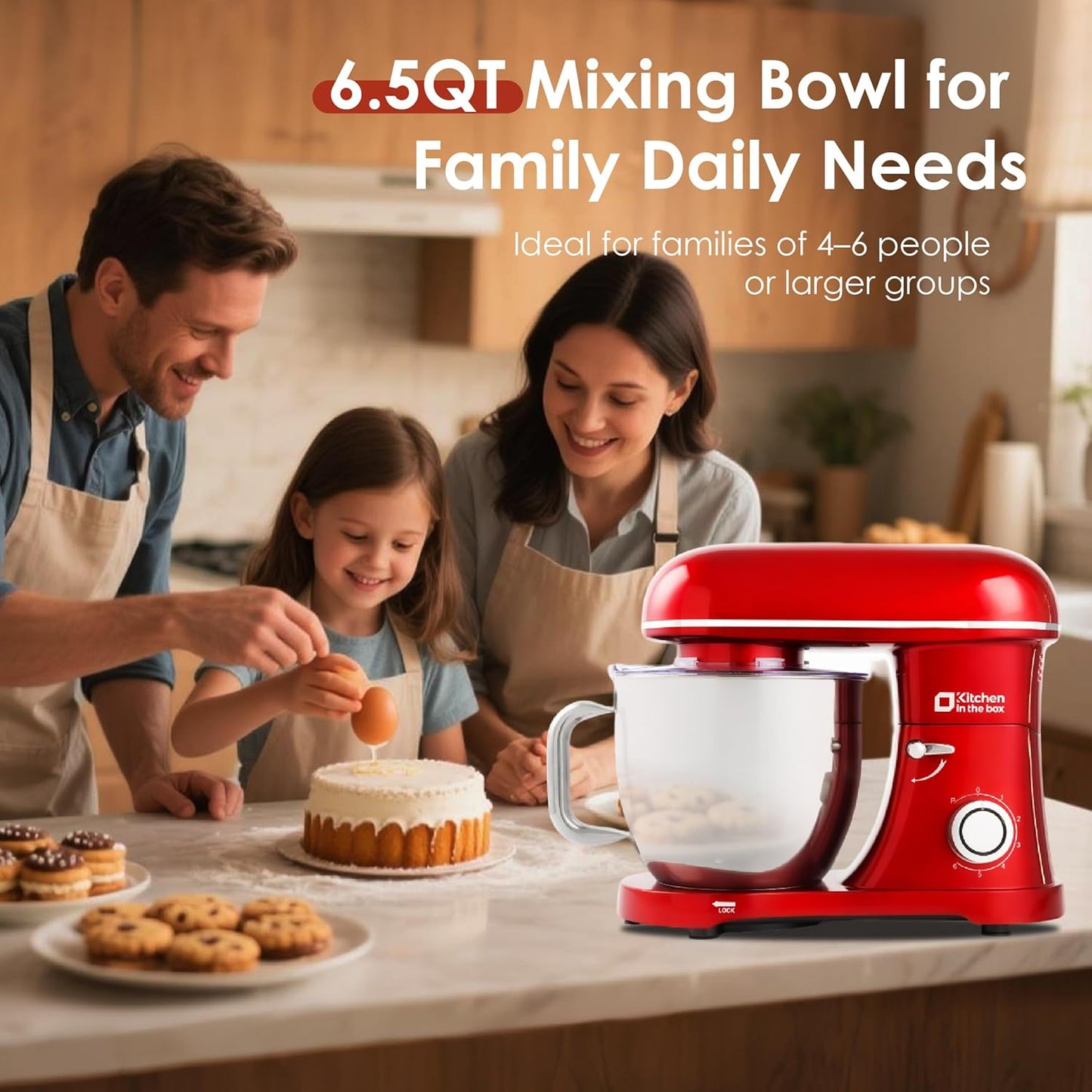 Kitchen in the box Stand Mixer - 6.5 Quart Mixing Bowl, 900 Watt Powful Bread Bread Dough Mixers Tilt-head with Dough Hook, Whisk, Flat Beater and Splash Guard (Red)