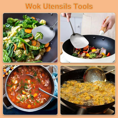 FJNATINH Wok Utensils for Carbon Steel, Stainless Steel Wok Spatula Metal Set, 6-Pieces 13-15 Inch Extra Long, Wok Tools Professional Set, Wooden Handle Skimmer, Soup Ladle, Slotted Turner