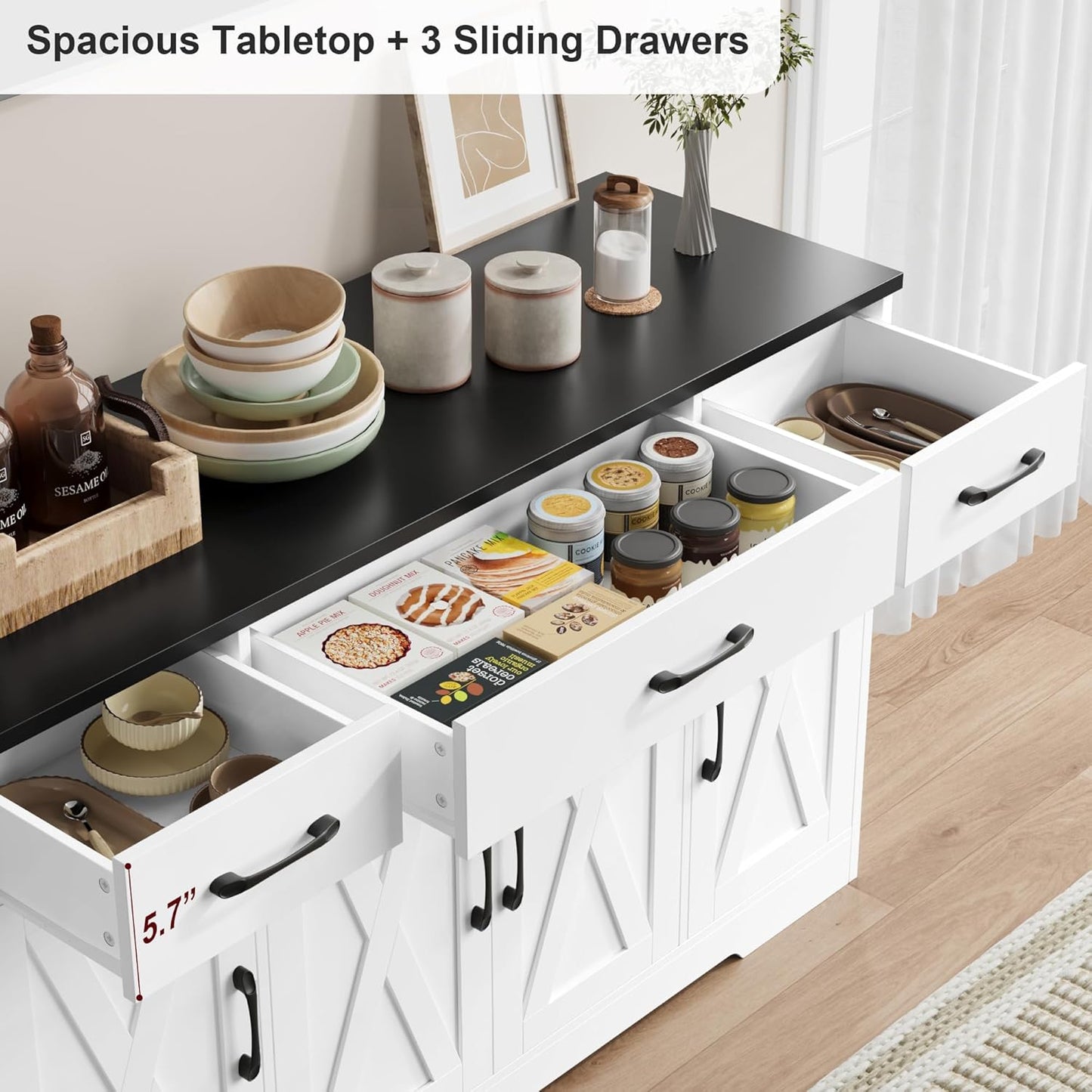 HOSTACK Buffet Sideboard Cabinet with Drawers, 55" Large Buffet Storage Cabinet with Shelves and Doors, Modern Farmhouse Coffee Bar Station Wood Kitchen Table for Kitchen, Dining Room, White/Black