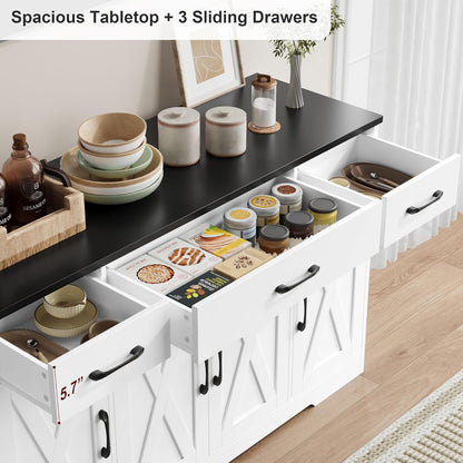 HOSTACK Buffet Sideboard Cabinet with Drawers, 55" Large Buffet Storage Cabinet with Shelves and Doors, Modern Farmhouse Coffee Bar Station Wood Kitchen Table for Kitchen, Dining Room, White/Black