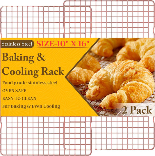 2PCS Cooling Racks for Cooking and Baking - 10" x 16"Heavy Duty Stainless Steel Wire Rack for Baking, Grilling, Roasting - Oven & Dishwasher Safe - Fits Half Sheet Pan（Rose Gold）