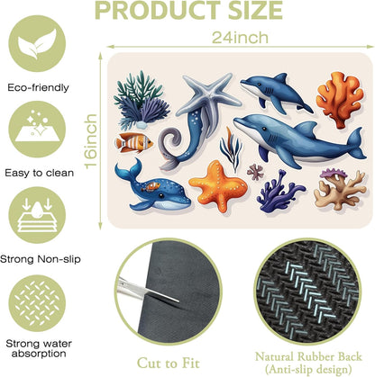 Sea Animals Dish Drying Mat Dolphins Starfish Anemones Kitchen Mat 16"x24" Bsorbent Coffee Maker Mat for Dishes,Utensils Coffee Maker Pots and Pans Easy Clean Dish Slip Resistant Pad