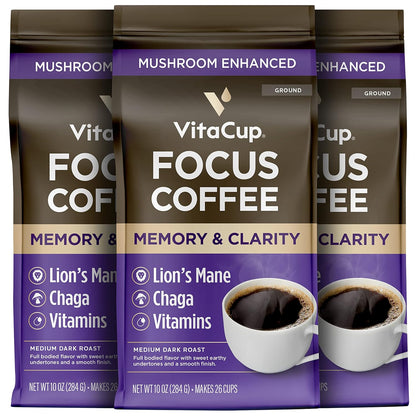 VitaCup Focus Mushroom Coffee Grounds, with Lions Mane, Chaga, B Vitamins, D3, Boost Focus, Immunity, Memory & Clarity, Medium Dark Roast, Bold & Smooth 100% Arabica Specialty, 3 bags, 10oz each