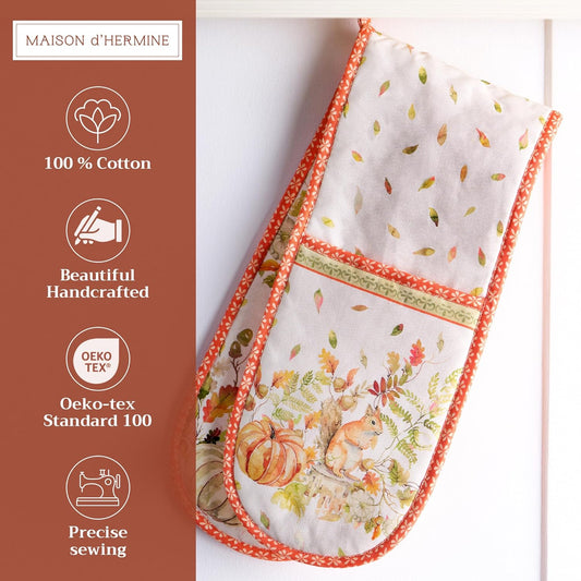 Maison d' Hermine Double Oven Mitts 100% Cotton 7"x35" Double Oven Mitt Heat Resistant BBQ Cooking Gloves with Loop, Baking, Grilling, Home, Kitchen, Handling Hot Pans (Pumpkin Passion)
