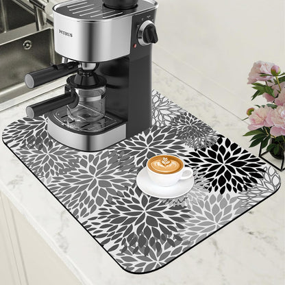 Dish Drying Mat Black and White Chrysanthemum Flower Coffee Bar Mat Absorbent Coffee Mat Rubber Backed Hide Stain Dish Drainer Rack Mat Coffee Maker Coffee Pot Dining Room Decoration 11.8 x 19.7 Inch