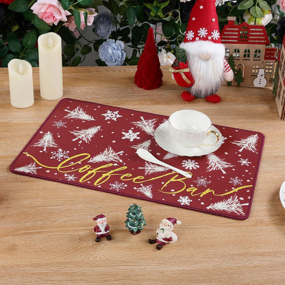 SHACOS Christmas Coffee Mat 2-Pack 12x19 Absorbent Non Slip Coffee Maker Mat for Countertop Accessories Heat Resistant, Christmas Red