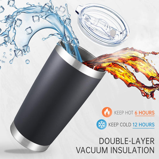 20 oz Tumblers Bulk Stainless Steel Tumbler with Lid Double Wall Vacuum Insulated Coffee Mug 20oz Powder Coated Cup for Hot and Cold Drinks, Black, 12 pack