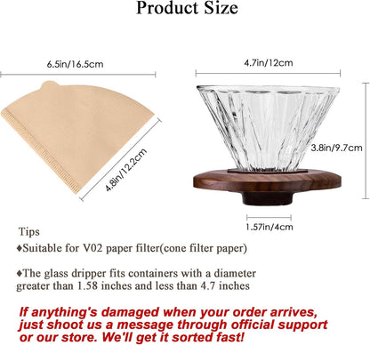 Glass Coffee Dripper with 100 pcs of Size 02 Paper Filter, Borosilicate Glass & Walnut Collar, Pour Over Coffee Maker, 1-3 Cups, Clear