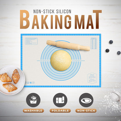 28 * 20 inches Blue, Non-Slip Silicone Baking Sheets - Baking Mat with 0.7mm Thickness - Non-Stick Pastry & Cookie Mat for Kitchen Counter for Rolling Out Dough with Measurements.