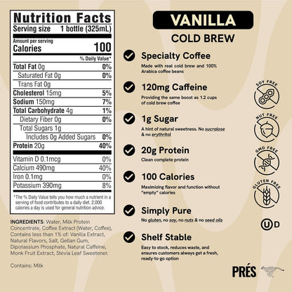 Protein Coffee - Real Cold Brew with Creamy Vanilla - 20g Ready To Drink Protein - 1g Sugar - 100 Calories - No Added Sugar, 99% Lactose Free Keto Friendly Proffee - 11 FL OZ - 12pk Vanilla