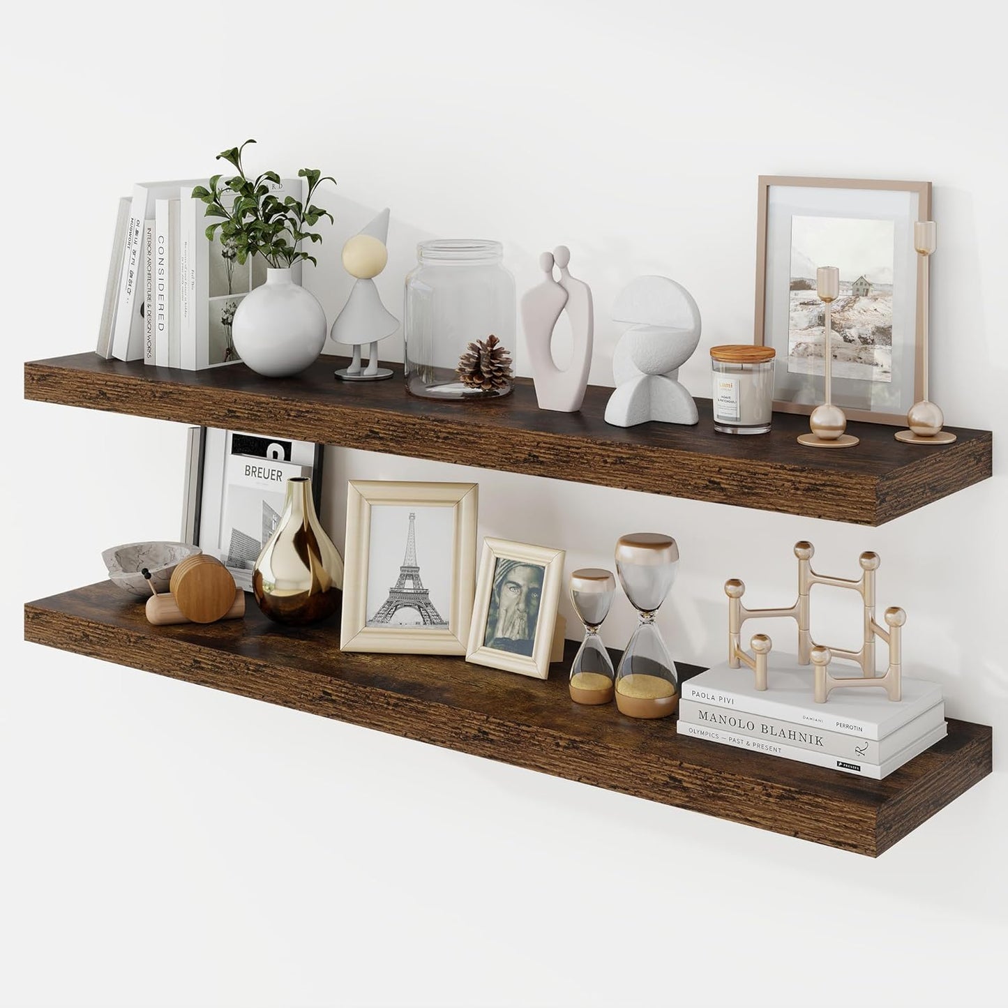 40 Inch Floating Shelves, 9.3" Deep Floating Shelf Wall Mounted, 40" Wall Shelves, Rustic Deep Bookshelf, Large Display Shelves & Storage Shelves for Bedroom, Living Room, Brown, Set of 2