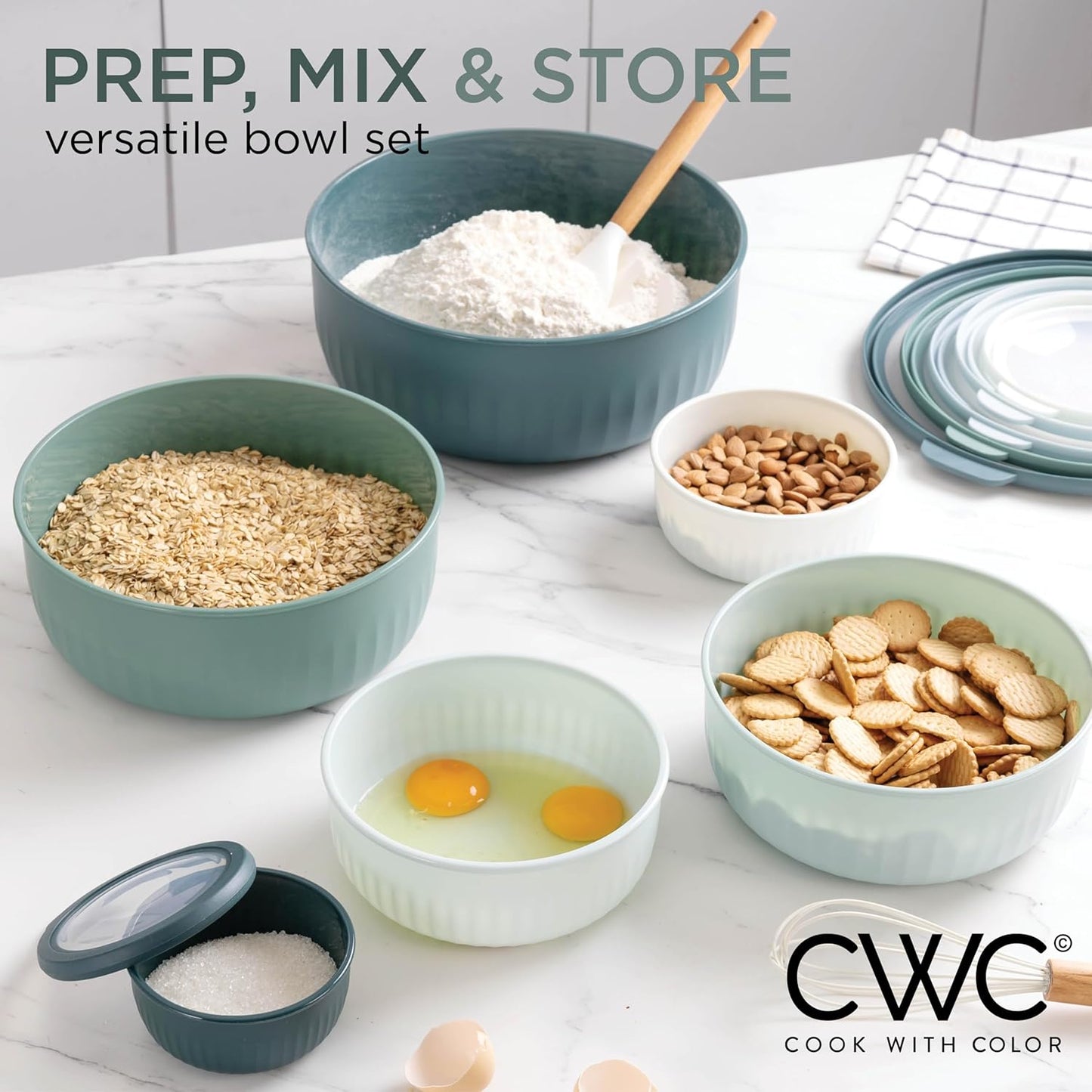 COOK WITH COLOR Prep Bowls with Lids- Wide and Deep Nesting Plastic Small Mixing Bowl Set with Lids, 12 Piece Set - Wide Bowls, Teal