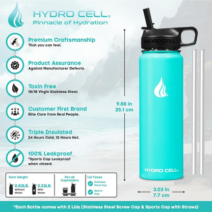 HYDRO CELL Stainless Steel Insulated Water Bottle with Straw - For Cold & Hot Drinks - Metal Vacuum Flask with Screw Cap and Modern Leakproof Sport Thermos for Adults (Teal 24oz)