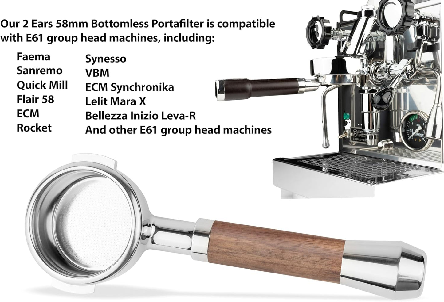 LILQ 58mm Bottomless Naked 2 Ears Portafilter Compatible with E61 Grouphead Machines– Includes 18–20g Basket (WalnutV2Fusion, 58mm For E61)