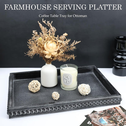 Rectangle Wood Serving Tray with Beads, Black Washed Wooden Decorative Tray for Entertaining, Decoration, and Gifting