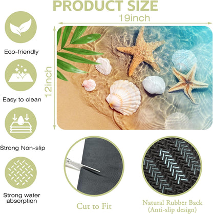 Dish Drying Mat Summer Beach Starfish Seashell Kitchen Mat 12"x19" Bsorbent Coffee Maker Mat for Dishes,Utensils Coffee Maker Pots and Pans Easy Clean Dish Slip Resistant Pad
