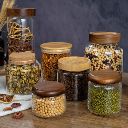 1PC Glass Storage Jars with Airtight Lids, 45 fl oz (1400ml) coffee container with Wooden Lid, Glass Pantry Canister for Beans, Rice, Sugar and etc