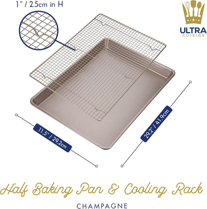Ultra Cuisine Wire Rack Baking Sheet Pan Set - Half Sheet Pan Set with 100% Stainless Wire Rack - Dishwasher Safe - Steel Reinforced Rim - Aluminum Cooling racks for Cooking and Baking - Champagne