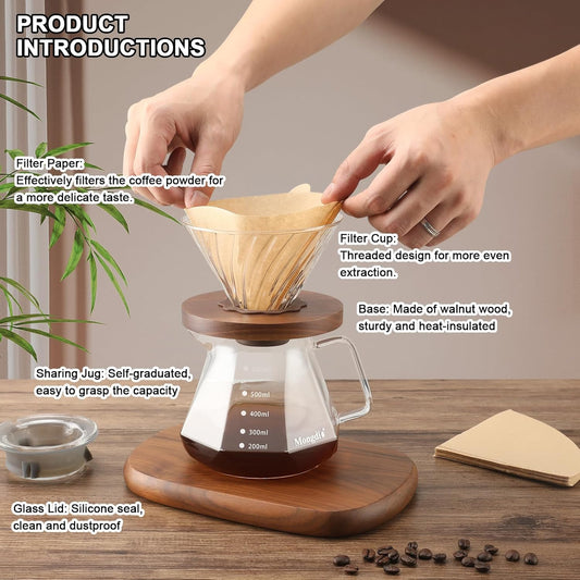Mongdio Pour Over Coffee Maker, 20 oz V60 High-Heat Borosilicate Glass Coffee Maker with 100pcs Paper Filters, 5 in 1 Drip Coffee Maker Set for Home Café Restaurant and Camping - 600ml, Clear