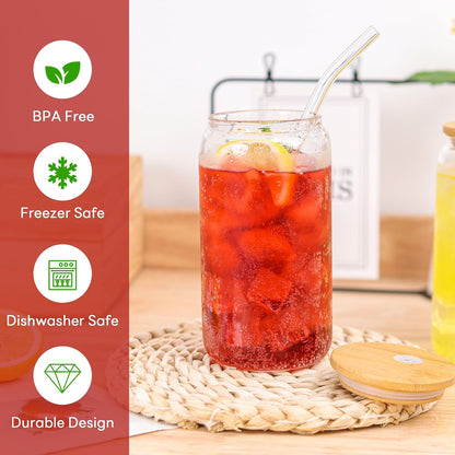 Joyclub Glass Cups with Bamboo Lids and Straws 8 Set 16 oz Reusable Iced Coffee Cup Beer Can Drinking Jars for Smoothie Whiskey Boba Soda Tea Gift