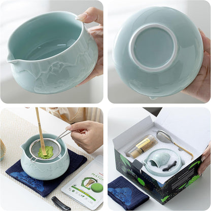 TEANAGOO 7 Pcs Matcha Whisk Set Blue, Ceramic Matcha Set, Matcha Kit for Ceremony, Matcha Tea Set for Making Breakfast/Latte, Tradition Whisk Set and Bowl with Scoop&Sifter, Gift for Friend/Family