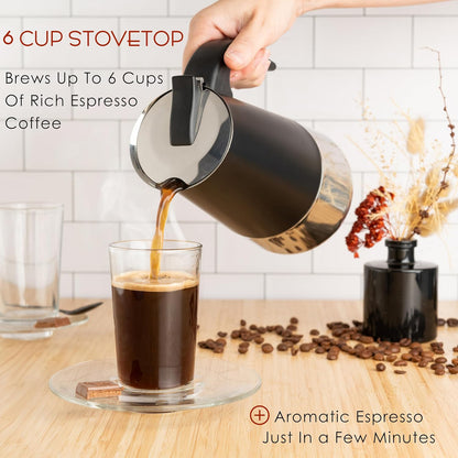 Mixpresso Black 6 Cup Greca Stovetop Espresso Pot 300ml/10oz, Moka Pot with Coffee Percolator Design, Stainless Steel Stove Top Coffee Maker for Camping or Home Use,Italian Stovetop Espresso Maker