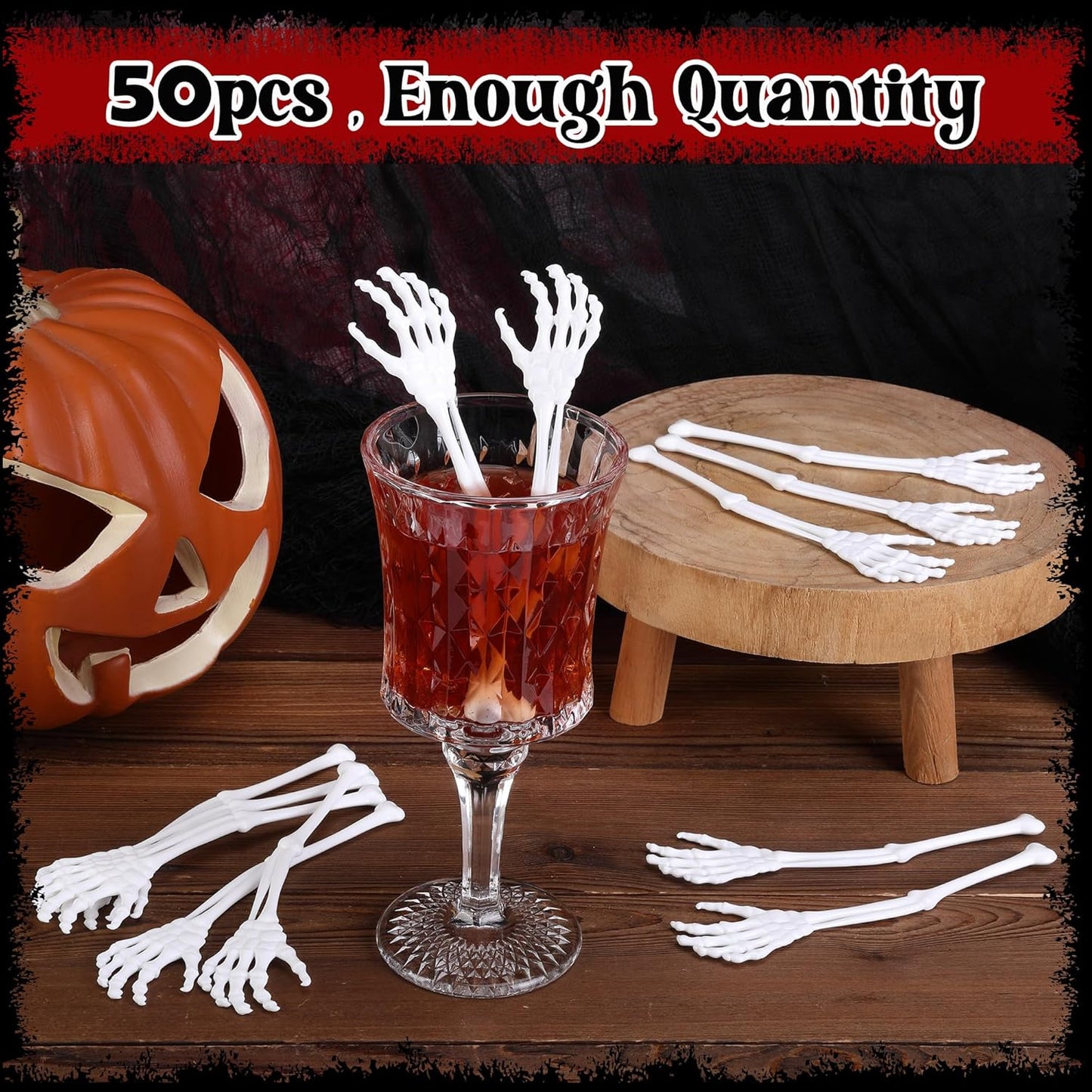 RunNico 50 Pcs 5.9''x1.5'' Halloween Skeleton Cocktail Stirrers, Reusable Skeleton Hand Swizzle Sticks, Halloween Plastic Drink Stirrer for Home Bar Horror Party Table Decorations Photo Props
