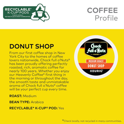 Chock Full o'Nuts Donut Shop Coffee, Compatible with K-Cup Pods, 12 CT (Pack of 6)