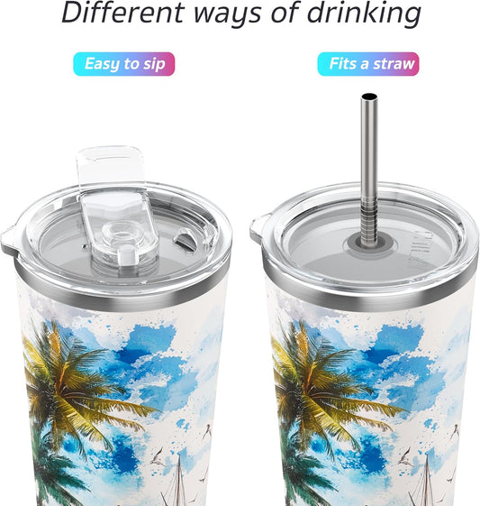 THILY Vacuum Insulated Stainless Steel Tumbler Travel Mug 26 oz Coffee Cup with 2 Lids and Straws, Splash Proof, Reusable, Keep Iced Drinks Cold, Coastal Breeze