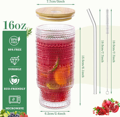 16 Oz Glass Cups with Lids and Straws, Vintage Embossed Glassware for Whiskey Cocktail Beer, Iced Coffee Cup with Lid, Glass Tumbler (4 PACK)
