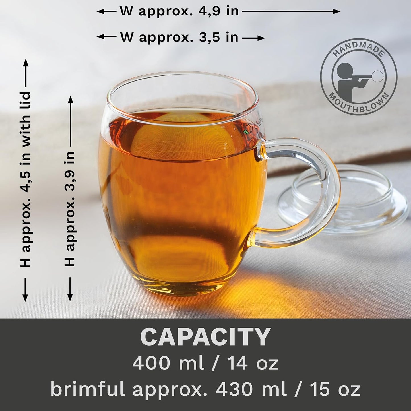 Creano Tea Glass with Stainless Steel Infuser and Glass Lid - 14oz (400ml)
