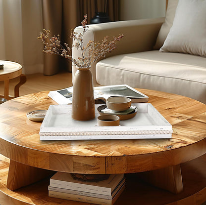 MAONAME Wood Serving Tray, Farmhouse Wooden Tray for Coffee Table, Rustic Rectangle Trays with Beads, Vintage White Decorative Trays for Living Room, Kitchen, 15.7" X 11.8" X 1.57"