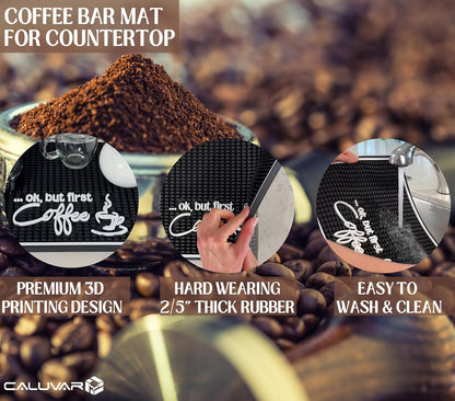 Ok But First Coffee Sign Rubber Bar Mat for Countertop, 18x12 Coffee Bar Mat, Coffee Bar Sign Counter Mat, Coffee Station Mat, Cocktail Rubber Mat