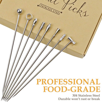 DEMIGO Cocktail Picks, 8 New Styles Stainless Steel Reusable Olive Stuffers Martini Picks set Fruit Toothpicks Garnish Skewers Appetizer Drink Stick for Bar party, Barbeque Snacks, Club sandwiches