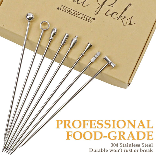 DEMIGO Cocktail Picks, 8 New Styles Stainless Steel Reusable Olive Stuffers Martini Picks set Fruit Toothpicks Garnish Skewers Appetizer Drink Stick for Bar party, Barbeque Snacks, Club sandwiches