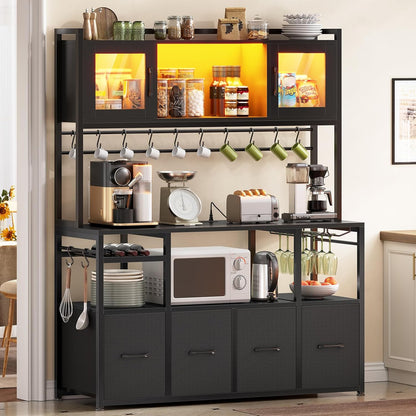 Itaar Bakers Rack with Power Outlet and LED Light, 47.2'' Microwave Stand with Storage, Kitchen Coffee Bar Cabinet with Glass Door, 4 Drawer, Wine Rack, Goblet Holder and 12 Hooks, Black