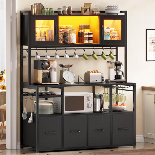 Itaar Bakers Rack with Power Outlet and LED Light, 47.2'' Microwave Stand with Storage, Kitchen Coffee Bar Cabinet with Glass Door, 4 Drawer, Wine Rack, Goblet Holder and 12 Hooks, Black