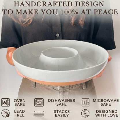 Mora Ceramic Chips and Dip Serving Tray: Large Divided Party Bowl Set for Chips & Salsa, Veggies & Dip, Fruit, Snacks, Entertaining, Hosting, etc. Minimalist Design for the Modern Hostess - Earl Grey
