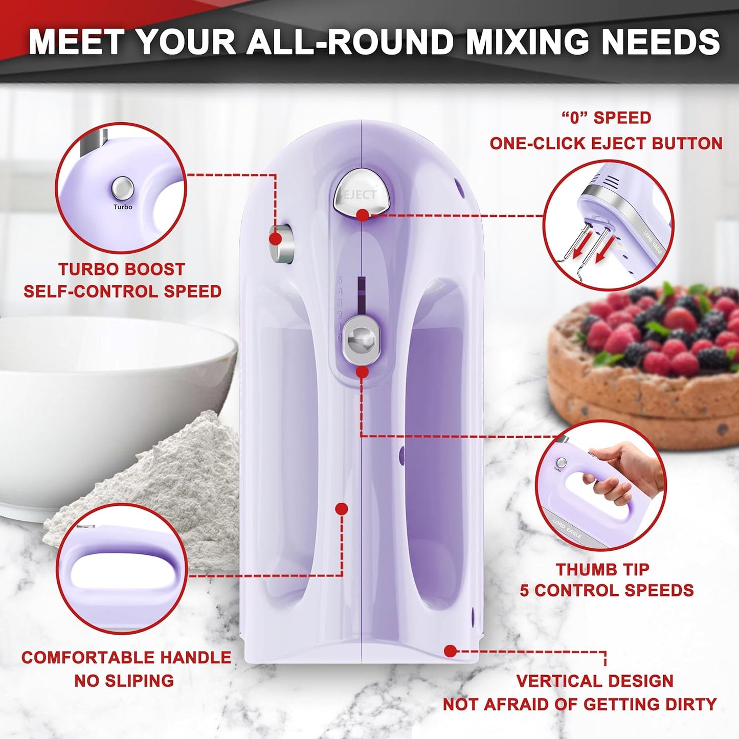 Lord Eagle Hand Mixer Electric 400W, 5 Speed handheld Mixer, 5 Stainless Steel Accessories for Baking Cake Egg Cream Food Beater, Turbo Boost/Self-Control Speed + Eject Button
