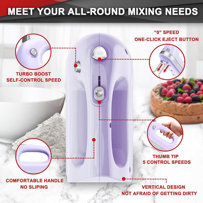 Lord Eagle Hand Mixer Electric 400W, 5 Speed handheld Mixer, 5 Stainless Steel Accessories for Baking Cake Egg Cream Food Beater, Turbo Boost/Self-Control Speed + Eject Button