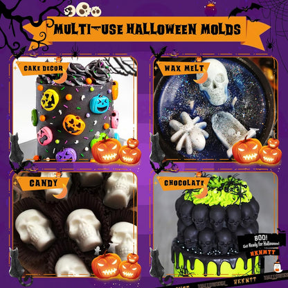 Halloween Molds Silicone for Chocolate 2 Pack, 3D Halloween Chocolate Candy Gummy Mold Skull Pumpkin Bat Ghost Witch Hat Spider tombstone Shapes Mold