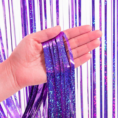 BRAVESHINE 1 Purple 1 Pink Streamers Party Photo Backdrop - 3.2 ft x 8.2 ft Metallic Tinsel Foil Fringe Curtains for Valentine’s Day/Women Birthdays/Engagement/Bridal Shower/Bachelorette Decorations